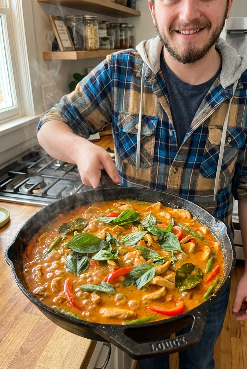 Skillet of finished Panang curry with basil scattered on top and sauce bubbling gently