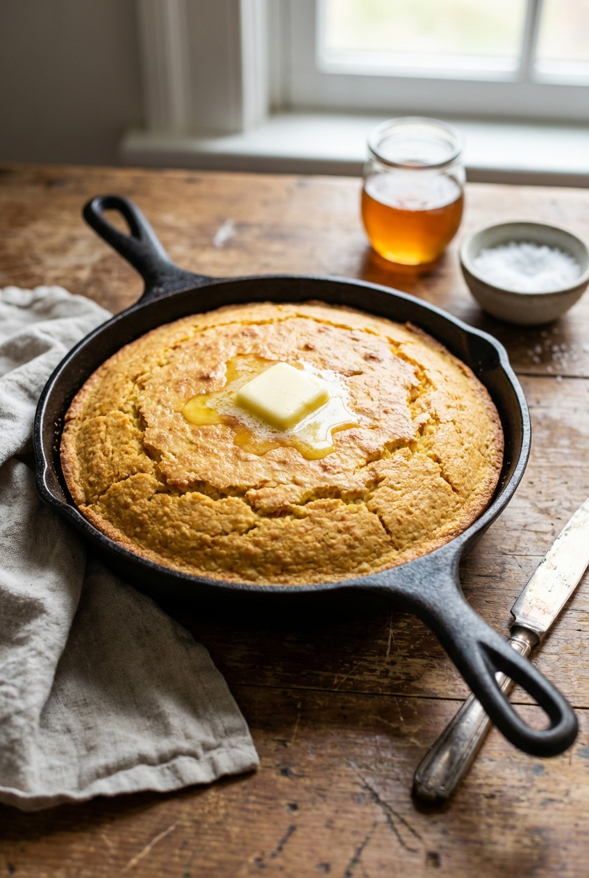 Skillet of golden cornbread with a pat of butter melting in the center on a rustic table