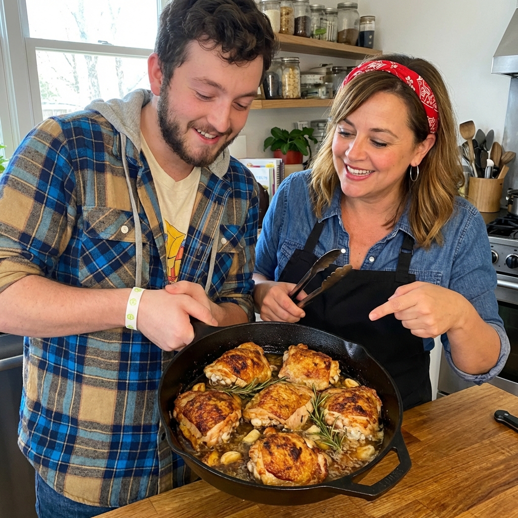 Skillet of roasted chicken thighs with crispy skin and pan juices