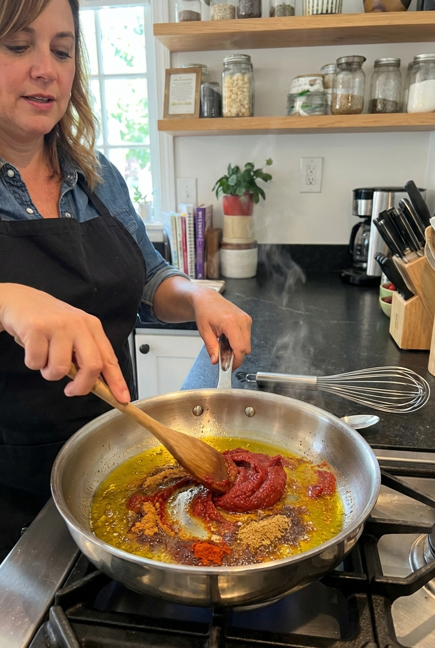 Skillet on a stovetop with tomato paste and spices being stirred into olive oil, creating a deep red mixture