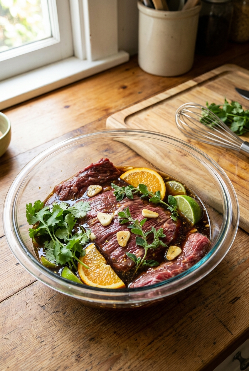 Skirt steak marinating in a bowl with garlic, citrus, and herbs on a kitchen counter