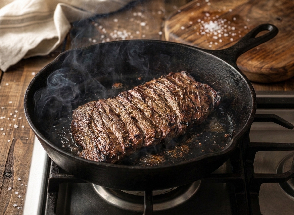Skirt steak searing in a hot cast iron skillet with browned edges forming
