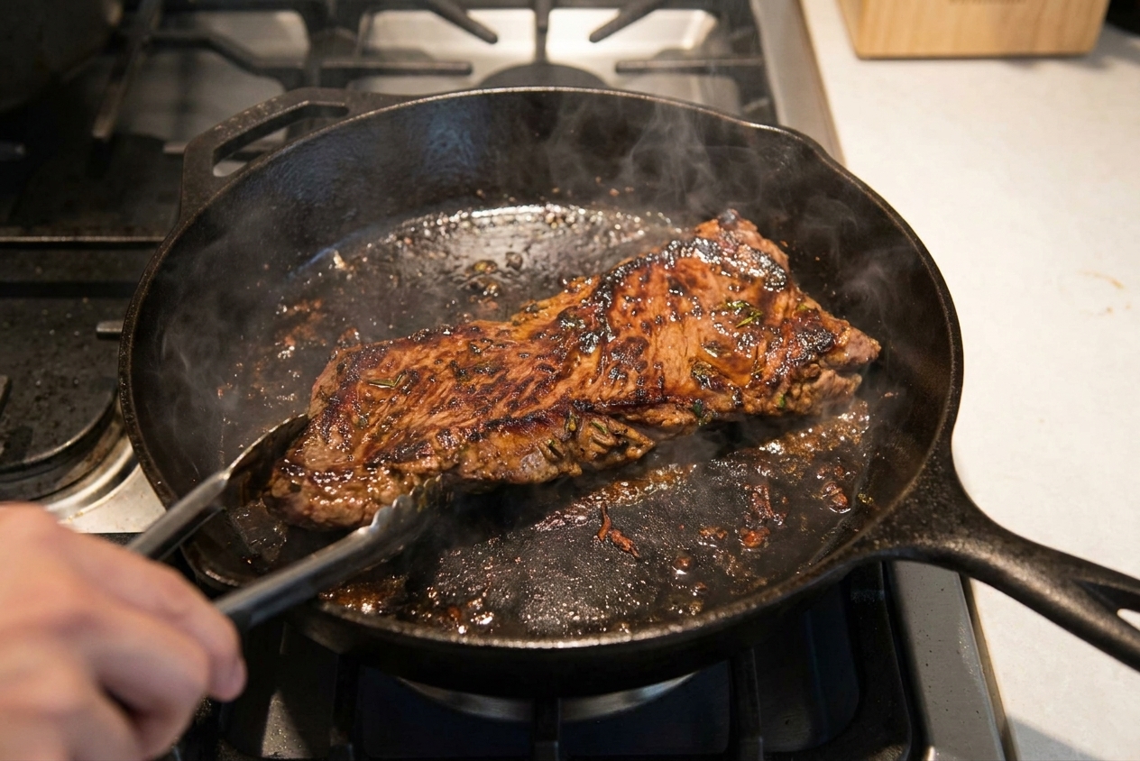 Skirt steak searing in a hot cast iron skillet with browned edges and a bit of steam rising