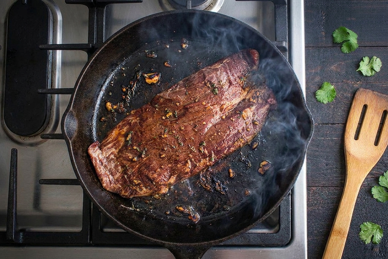 Skirt steak searing in a hot cast iron skillet with browned edges and light smoke rising