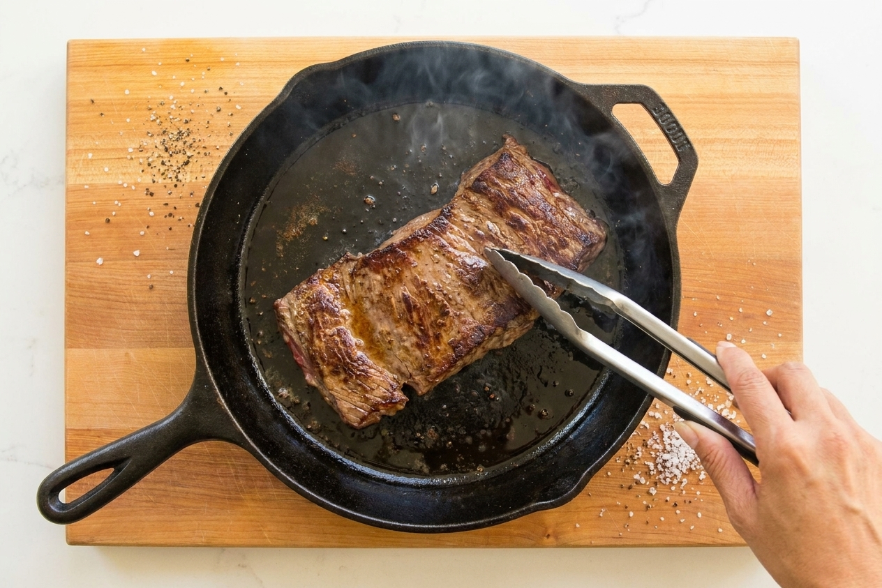Skirt steak searing in a hot cast iron skillet with browned edges and a light sheen of oil