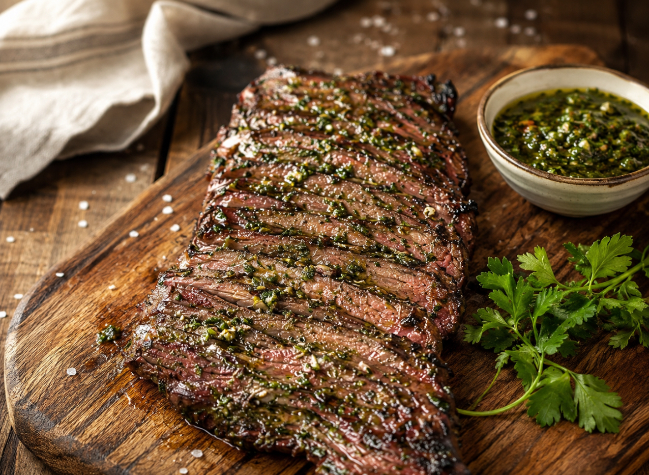 Skirt steak sitting in a glass dish coated in a lime garlic spice marinade on a kitchen counter
