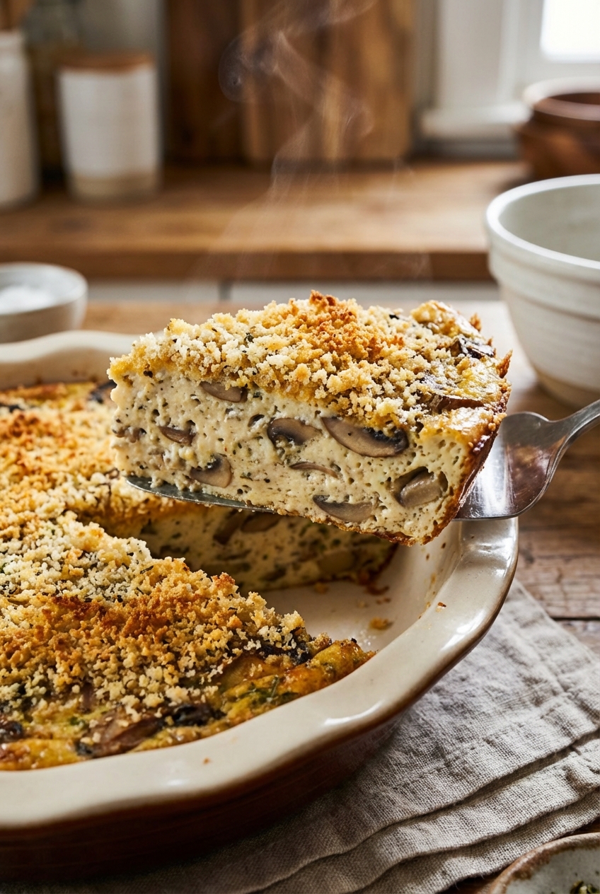 Slice being lifted from baked savory custard with mushrooms, showing the creamy interior and browned crumb topping