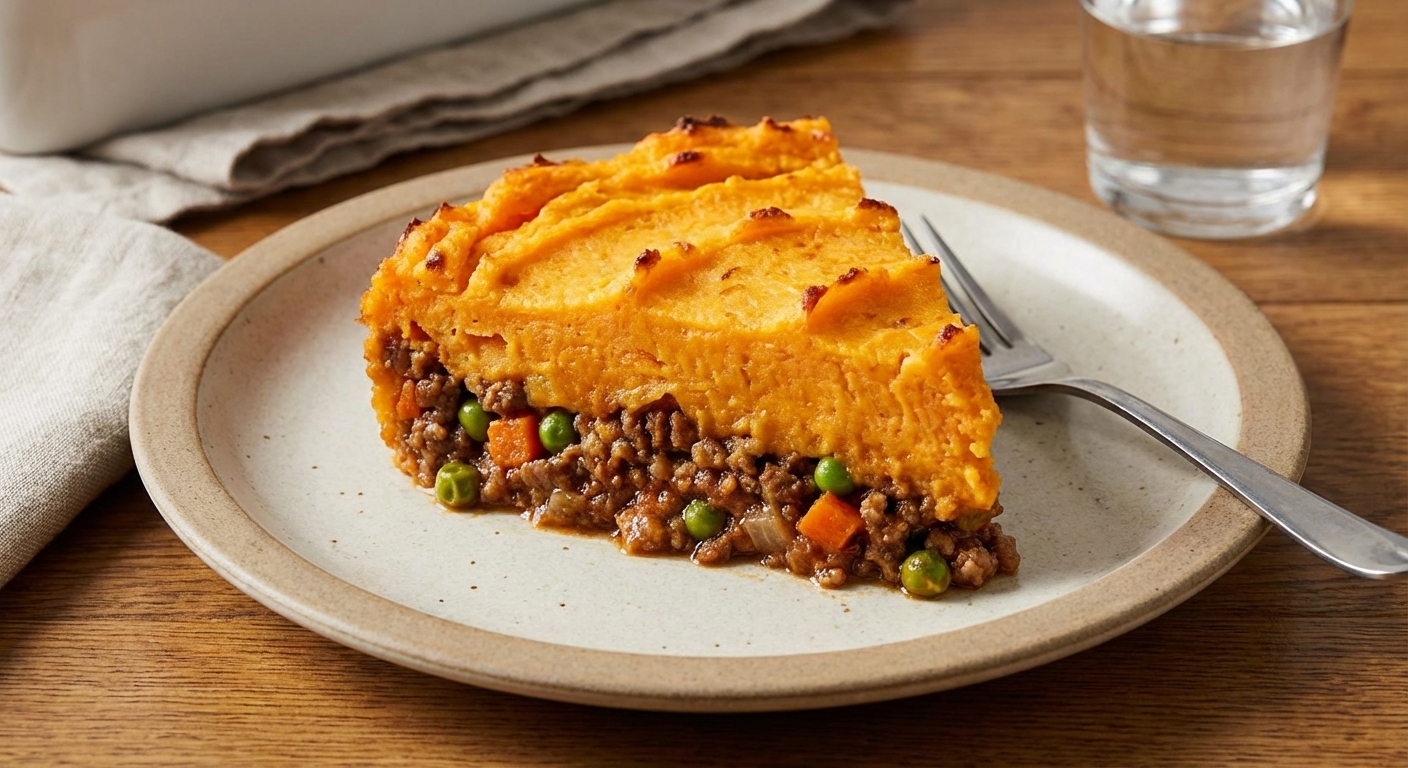 Slice of sweet potato shepherd’s pie on a dinner plate, showing the savory meat and vegetable filling under a thick orange mash topping