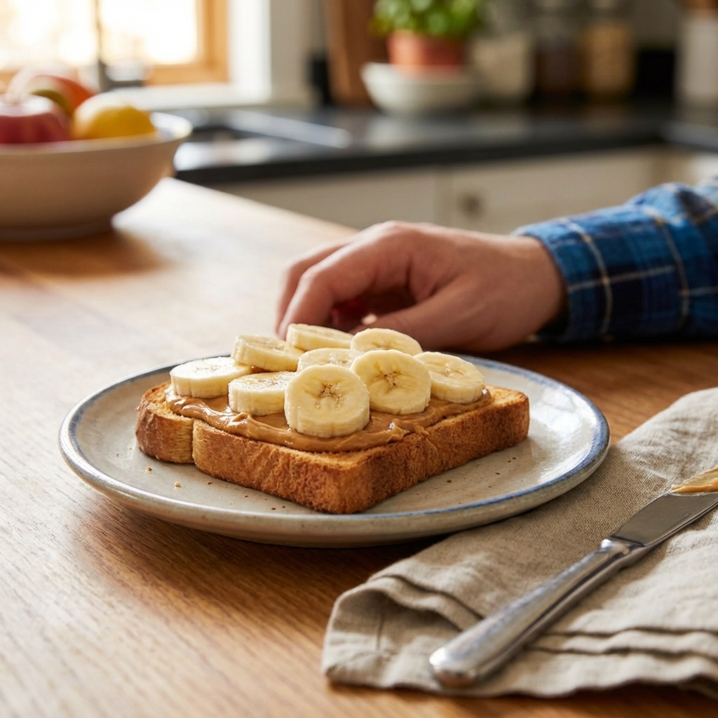 Slice of toast topped with peanut butter and banana slices on a small plate