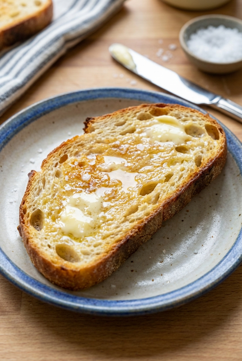 Slice of toasted sourdough with butter on a plate