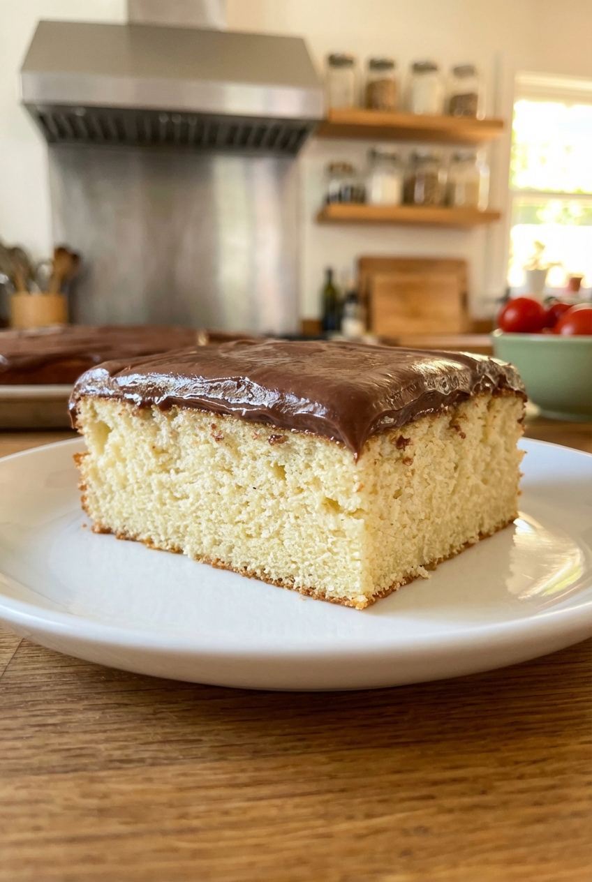 Slice of vanilla sheet cake with chocolate icing on a plate