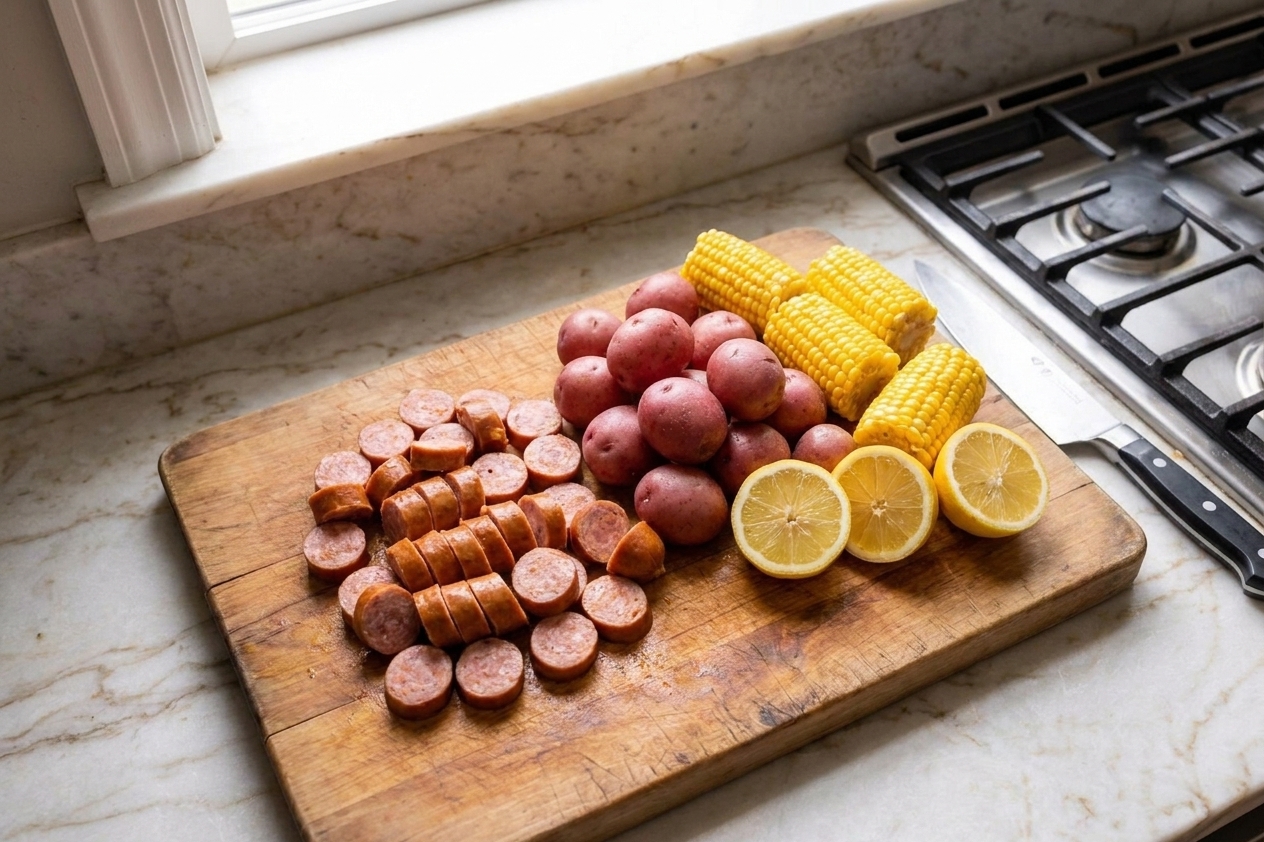 Sliced Andouille sausage rounds on a cutting board next to red potatoes, corn, and halved lemons in a home kitchen