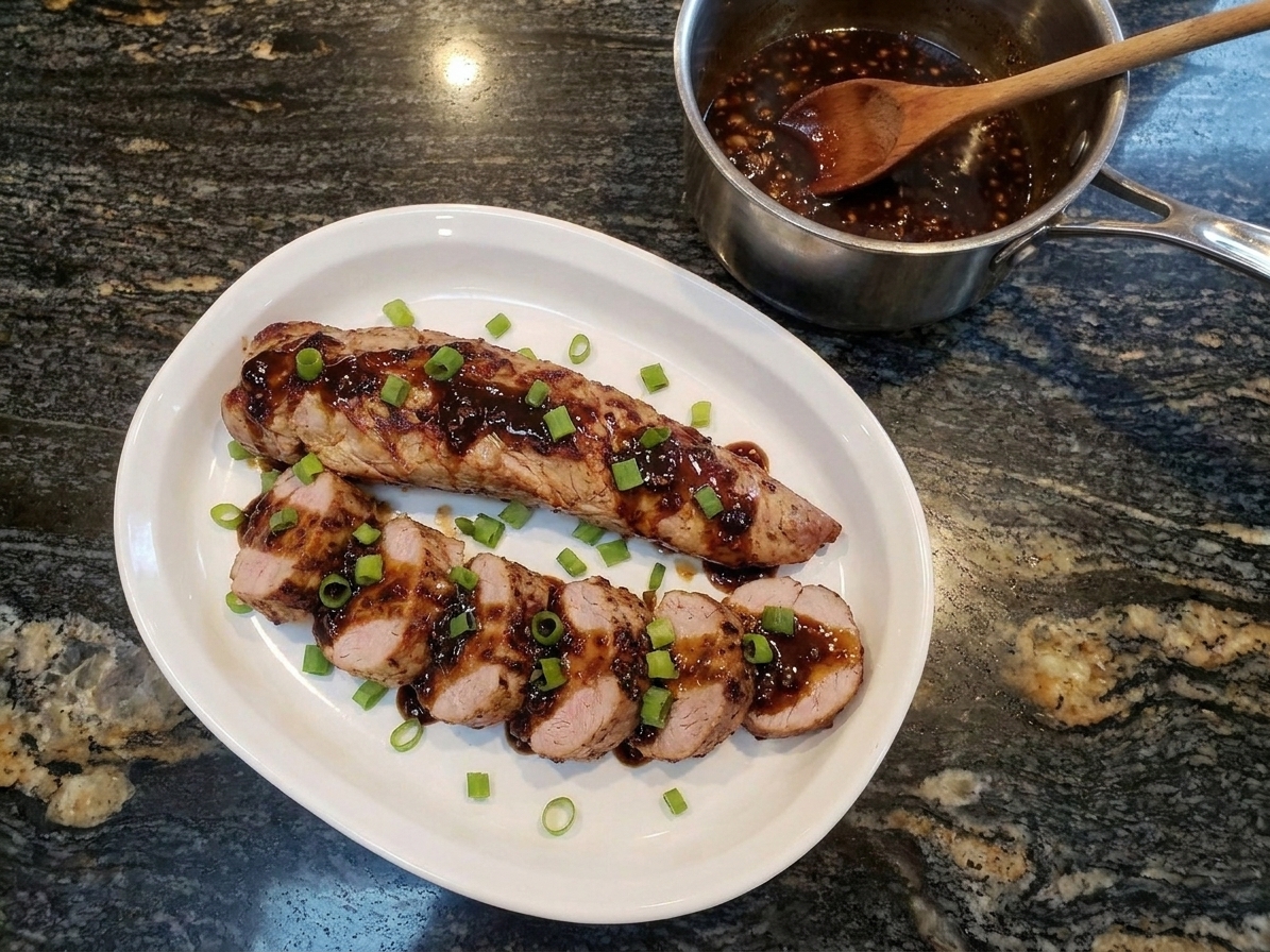 Sliced Chinese five spice pork tenderloin on a white platter with a glossy soy-honey glaze, scallions sprinkled on top, and a small bowl of extra sauce on a warm kitchen table