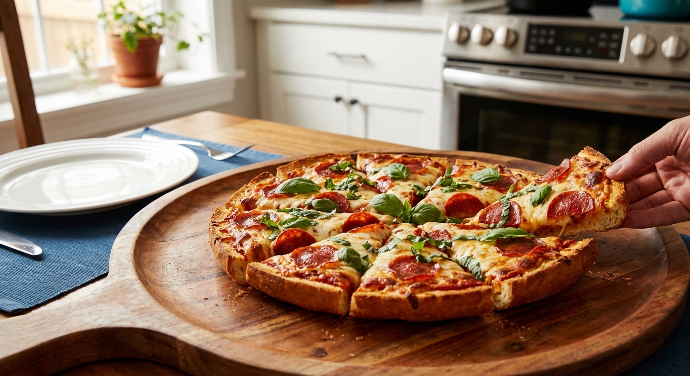 Sliced French bread pizza on a serving platter with fresh basil scattered on top on a dinner table