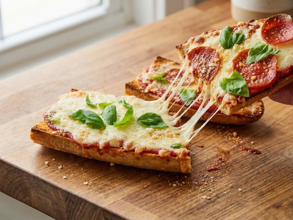 Sliced French bread pizza on a wooden cutting board with a few slices pulled apart showing stretchy melted cheese