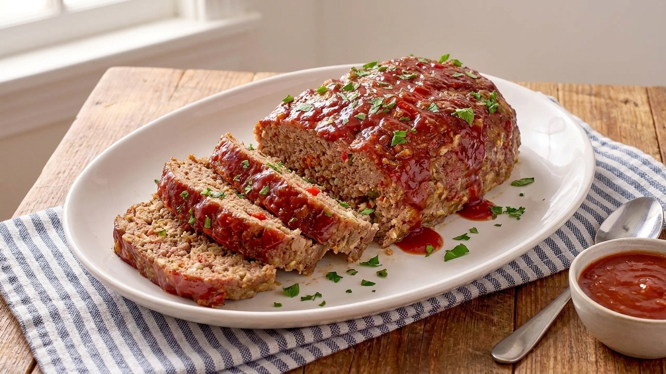 Sliced Italian meatloaf arranged on a serving platter with extra tomato glaze spooned over the top and parsley scattered around