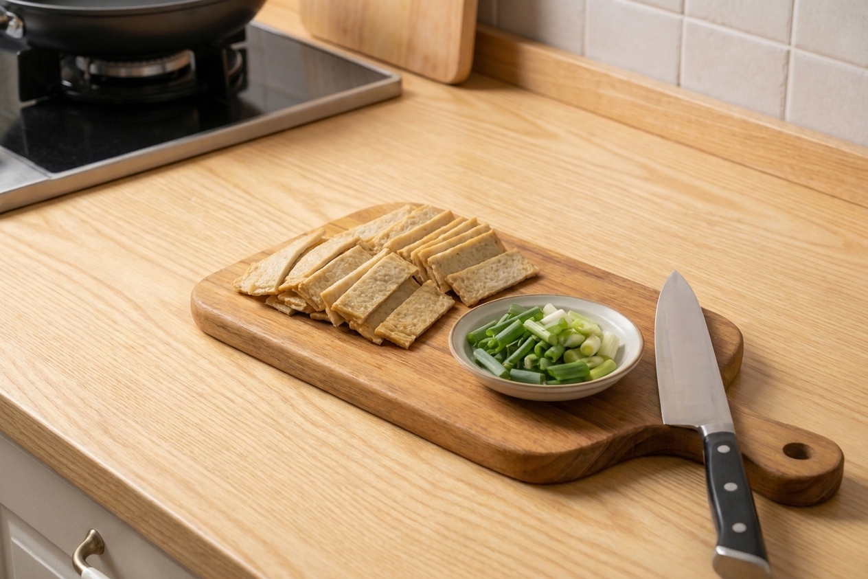 Sliced Korean fish cakes and chopped scallions on a wooden cutting board beside a chef's knife on a clean kitchen counter