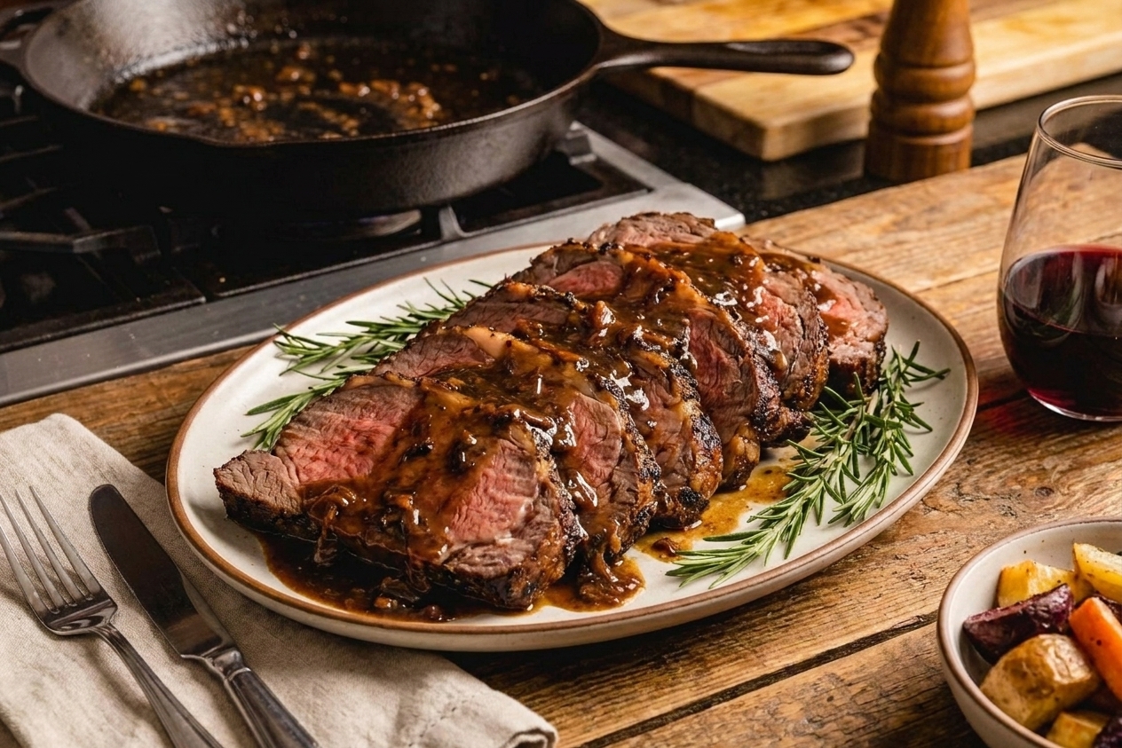 Sliced New York strip roast fanned on a platter with glossy pan sauce, rosemary sprigs, and a simple dinner table setting