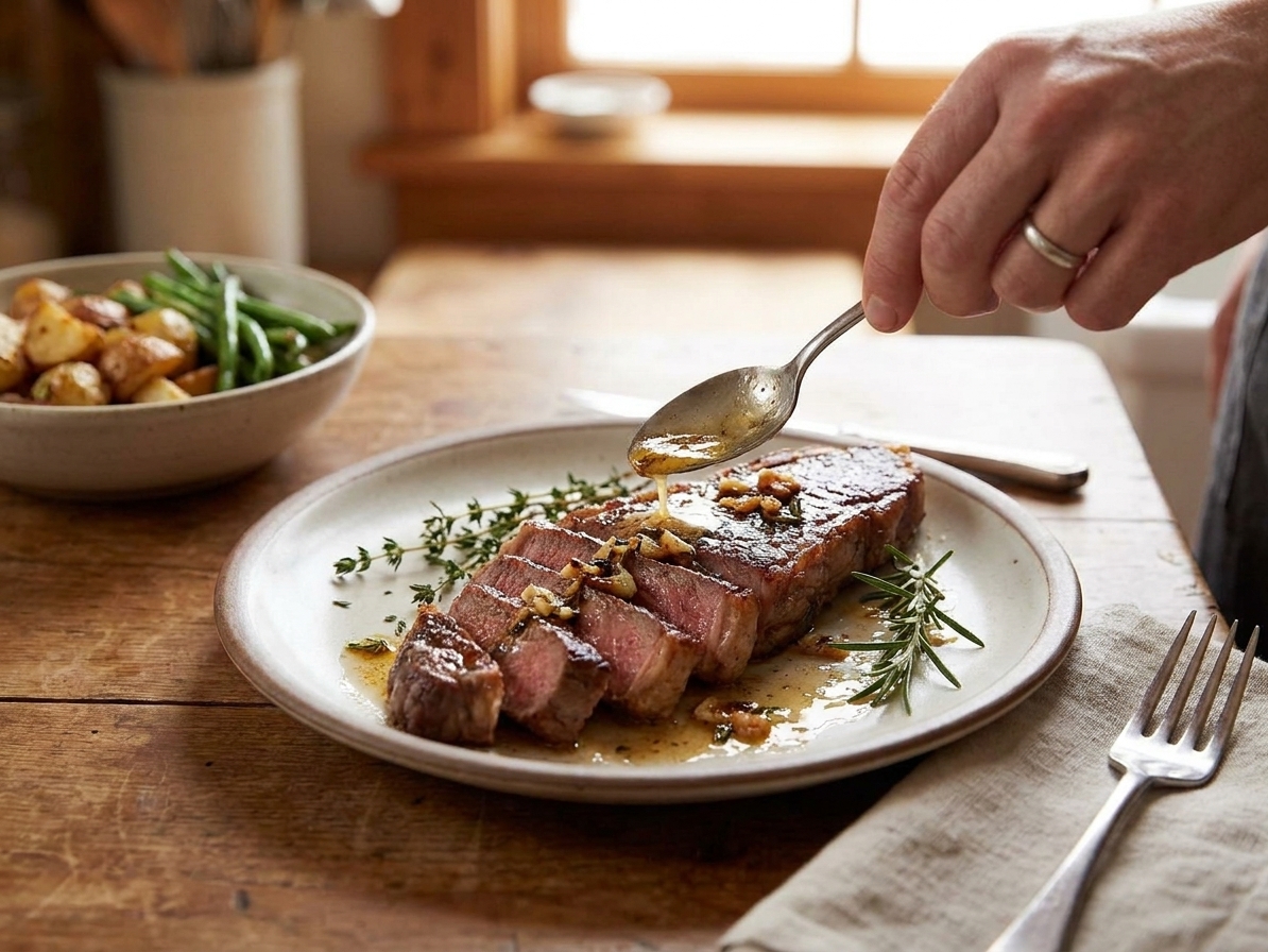 Sliced New York strip steak fanned on a dinner plate with a glossy butter drizzle and herbs, set on a simple family dinner table