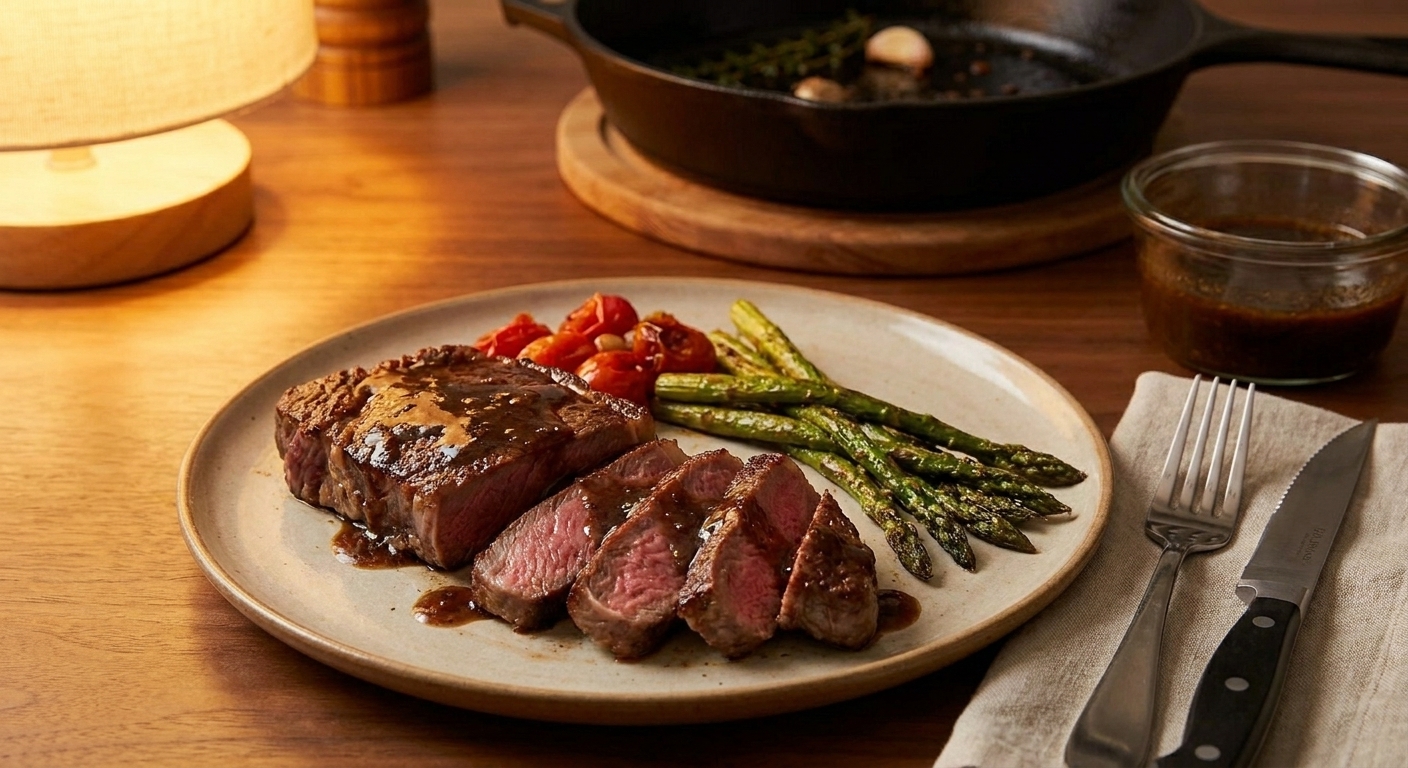 Sliced New York strip steak fanned on a plate with pan juices and a simple side on a dinner table with warm lighting