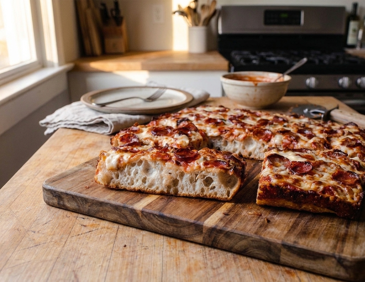Sliced Sicilian pizza squares with airy crumb and crisp edges on a cutting board with a simple table setting in the background