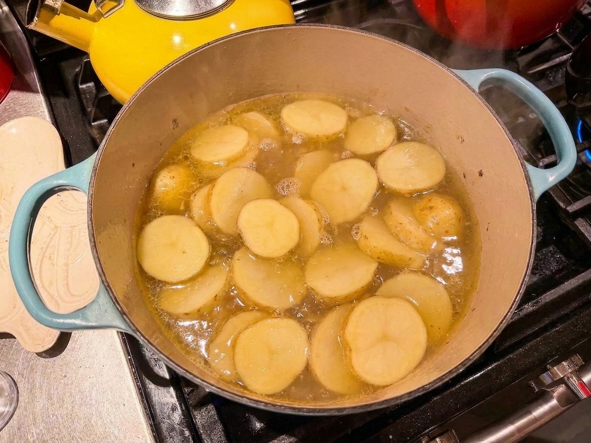 Sliced Yukon Gold potatoes simmering in chicken broth in a Dutch oven on a stovetop