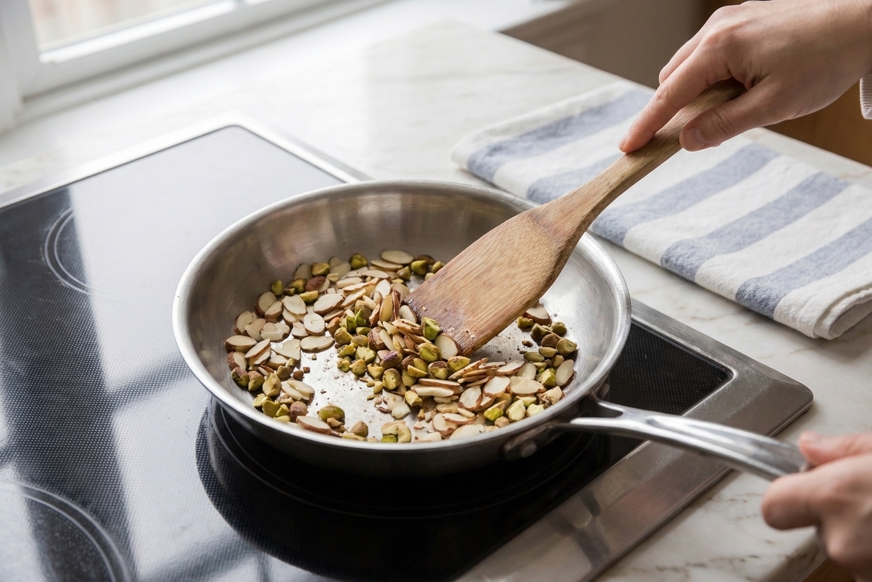 Sliced almonds and chopped pistachios toasting in a small skillet on the stove with a spatula stirring them