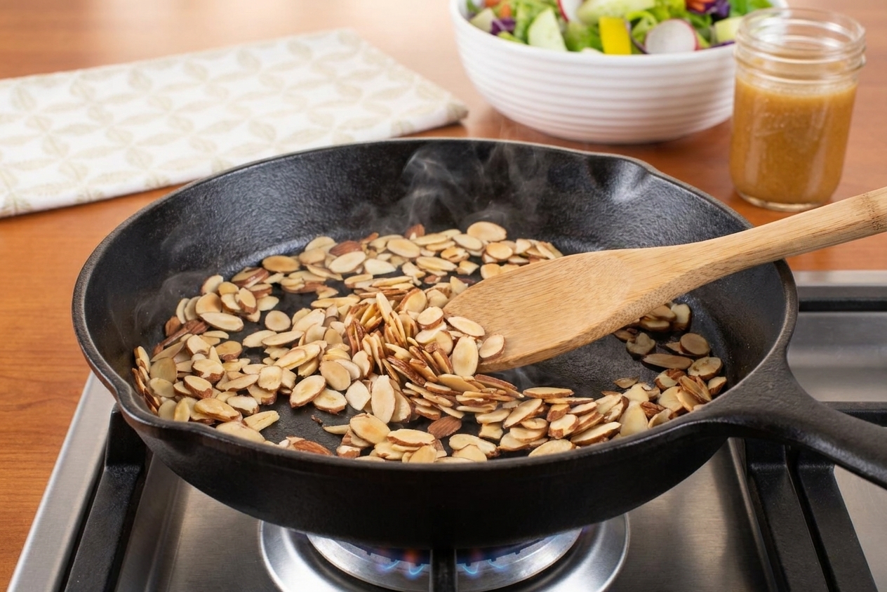Sliced almonds being stirred in a dry skillet over medium heat on a home stove