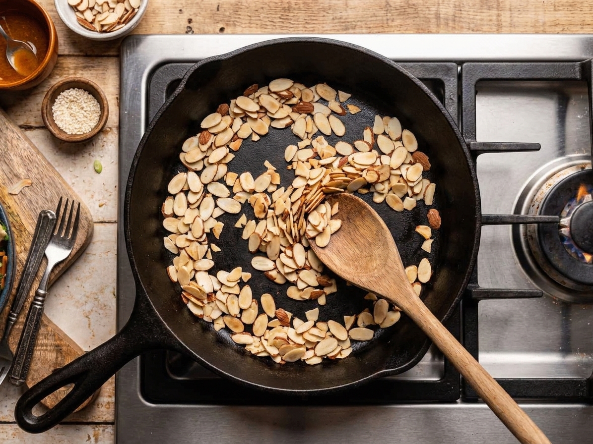 Sliced almonds toasting in a dry skillet on a stovetop, lightly golden with a wooden spoon stirring