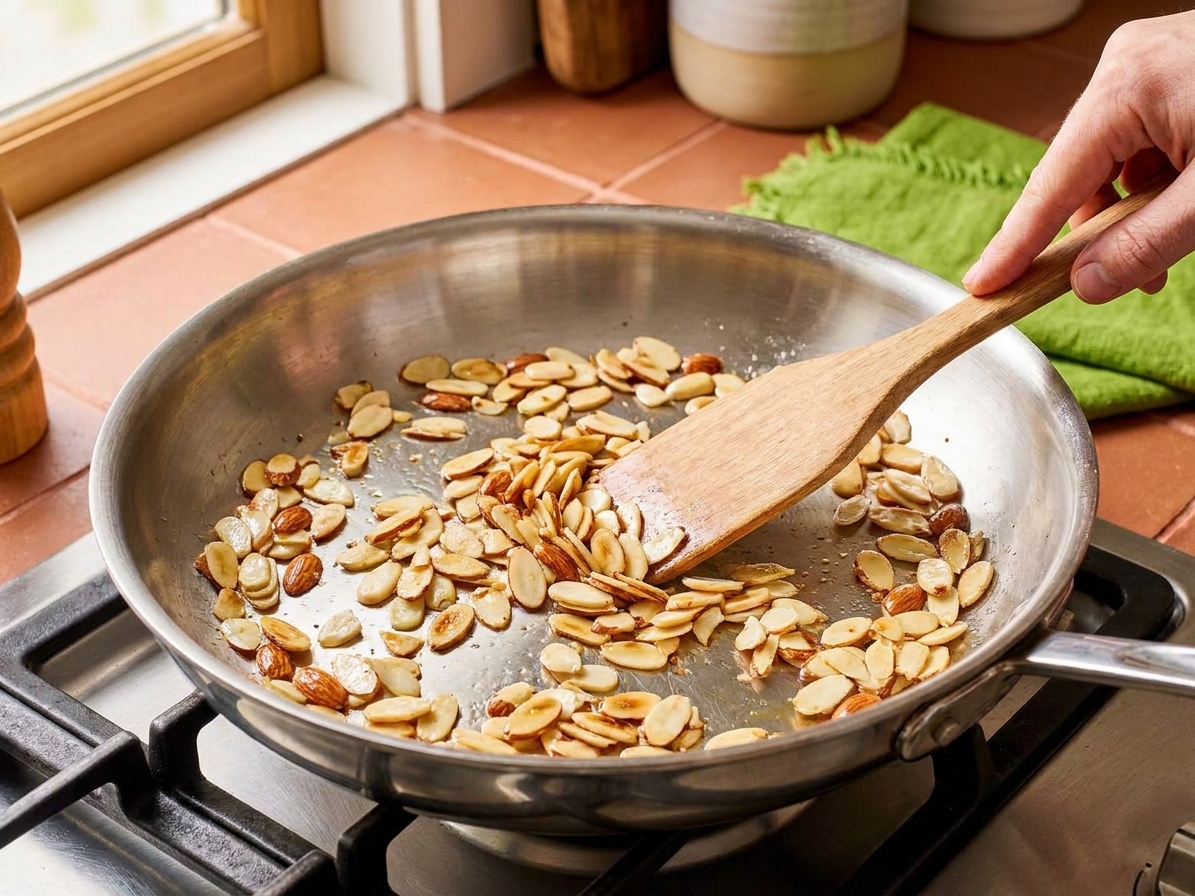 Sliced almonds toasting in a skillet, turning golden around the edges