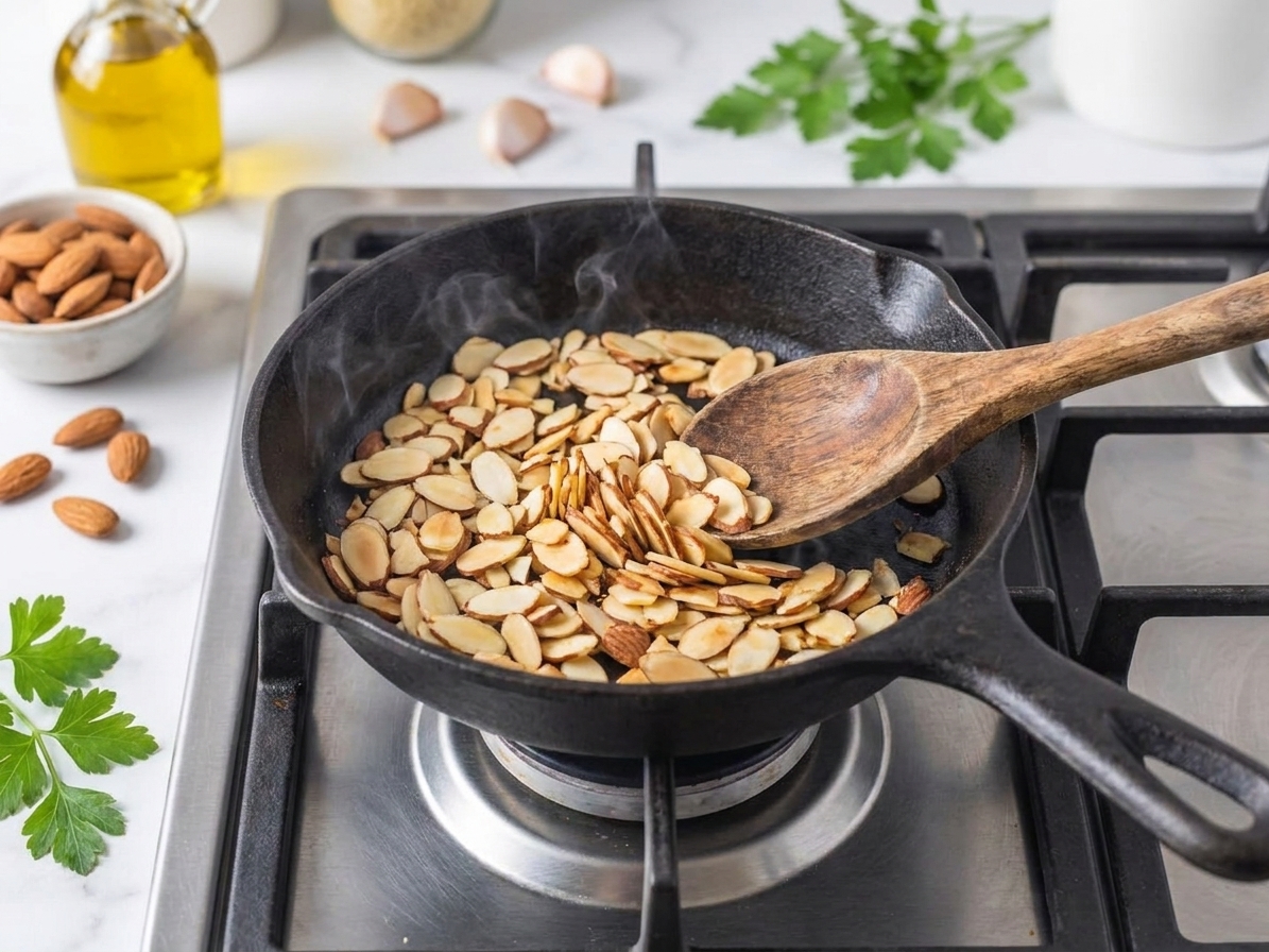Sliced almonds toasting in a small dry skillet on a stovetop with a wooden spoon nearby