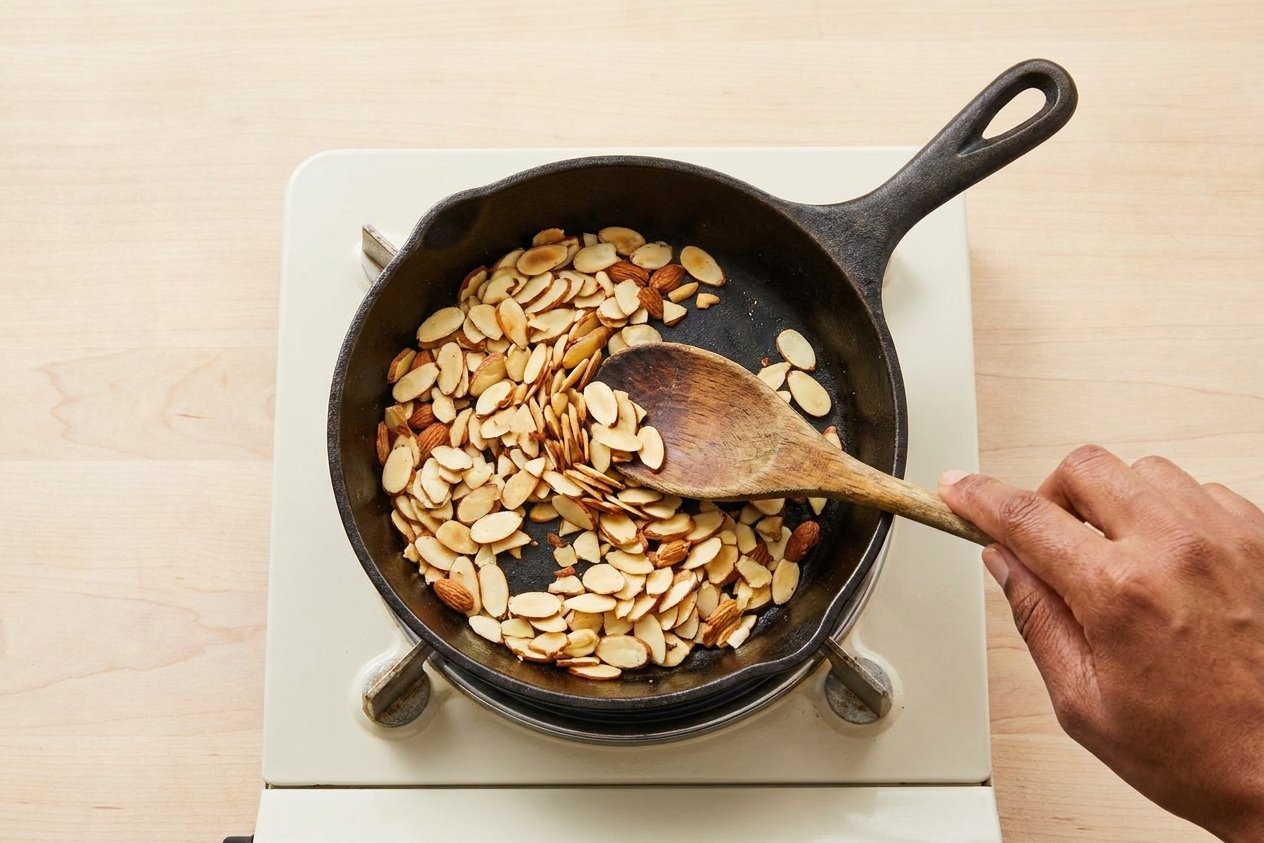 Sliced almonds toasting in a small skillet on a stovetop, being stirred with a wooden spoon