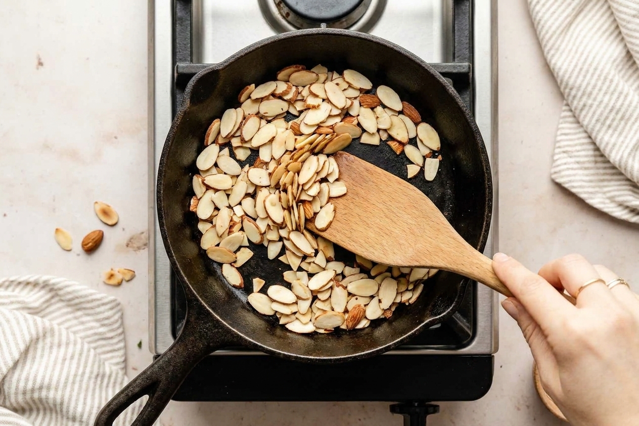 Sliced almonds toasting in a small skillet on a stovetop, turning light golden brown