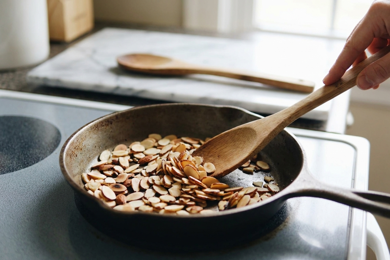 Sliced almonds toasting in a small skillet on a stovetop, lightly golden with a wooden spoon nearby