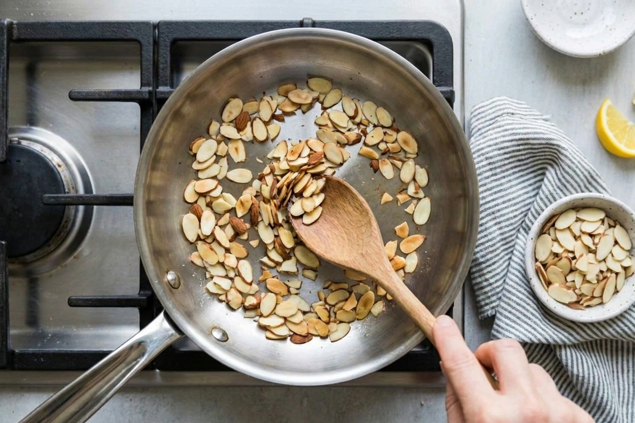 Sliced almonds toasting in a small stainless steel skillet on a stovetop with a wooden spoon stirring