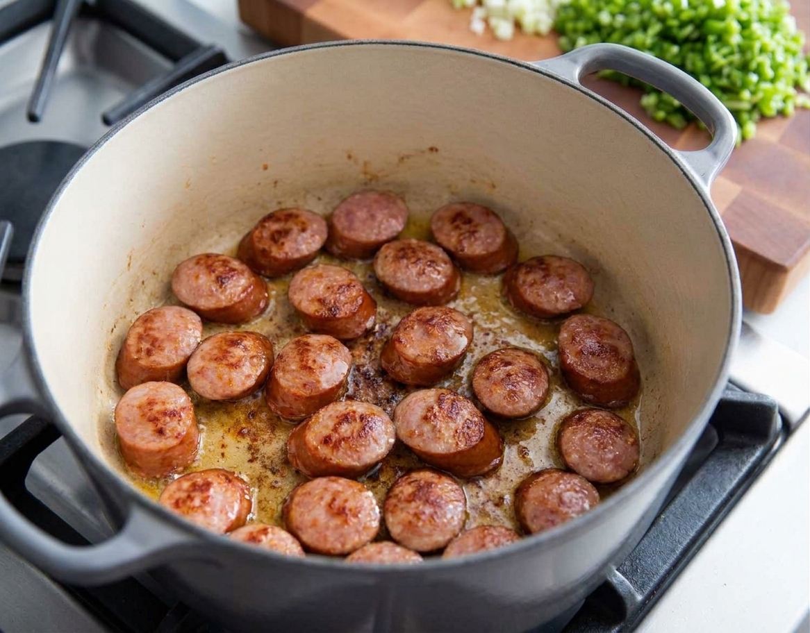 Sliced andouille sausage browning in a heavy Dutch oven on the stovetop with browned edges forming