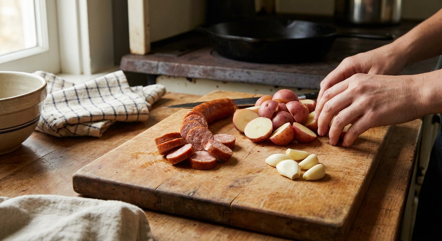 Sliced andouille sausage rounds on a wooden cutting board next to halved potatoes and peeled garlic in a cozy home kitchen