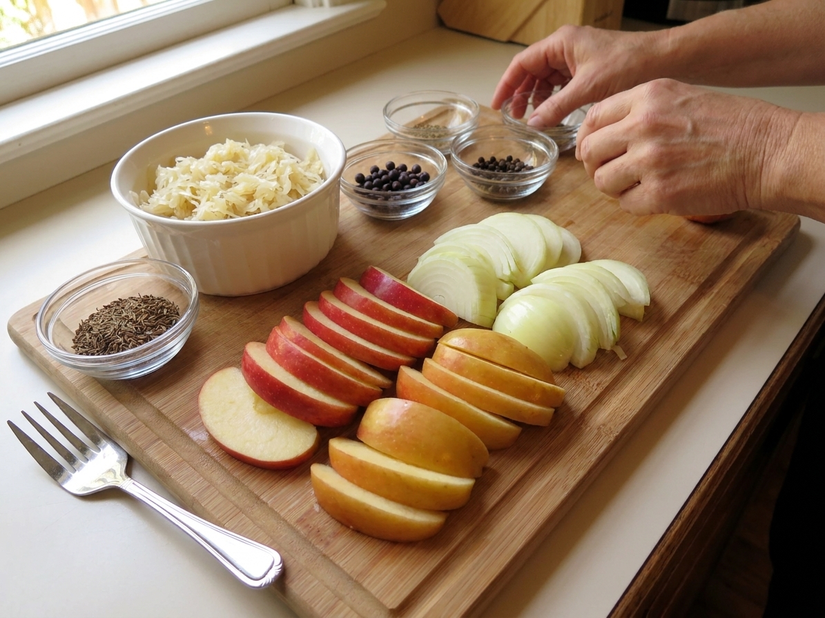 Sliced apples and onions on a cutting board beside a bowl of drained sauerkraut and measured spices on a kitchen counter