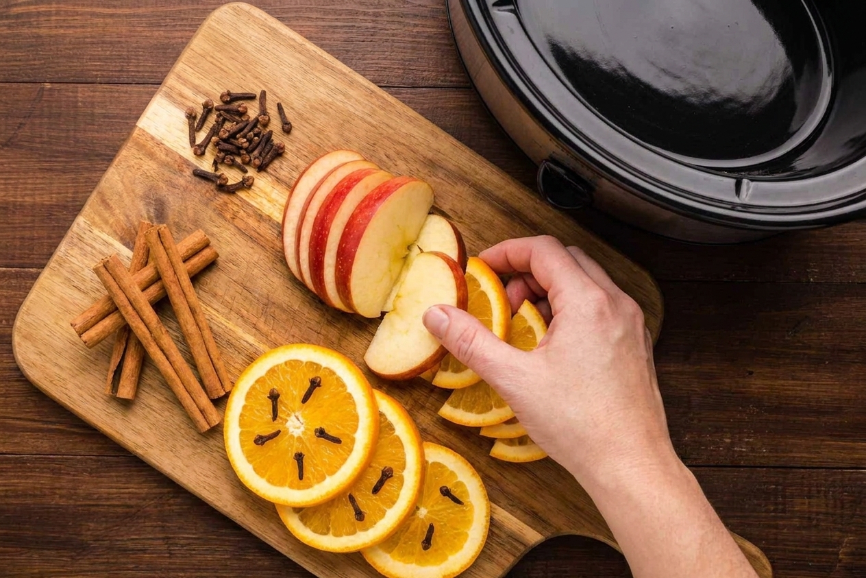 Sliced apples and orange rounds on a cutting board next to cinnamon sticks and whole cloves, ready to be added to a pot