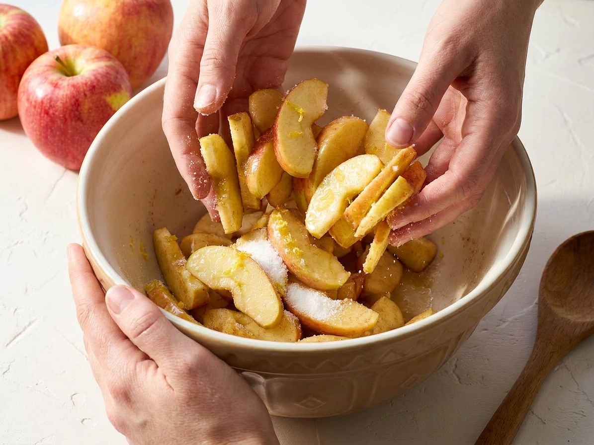 Sliced apples being tossed with sugar and lemon juice in a large mixing bowl on a kitchen counter