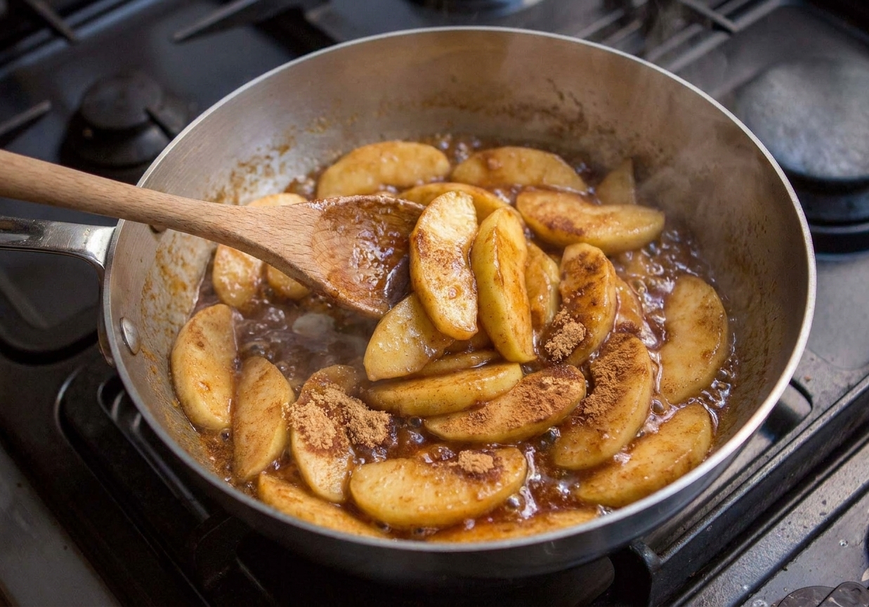 Sliced apples cooking in a wide skillet with cinnamon and sugar, being stirred with a wooden spoon