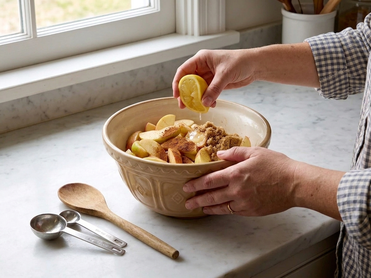 Sliced apples in a large mixing bowl being tossed with cinnamon, sugar, and lemon juice on a kitchen counter