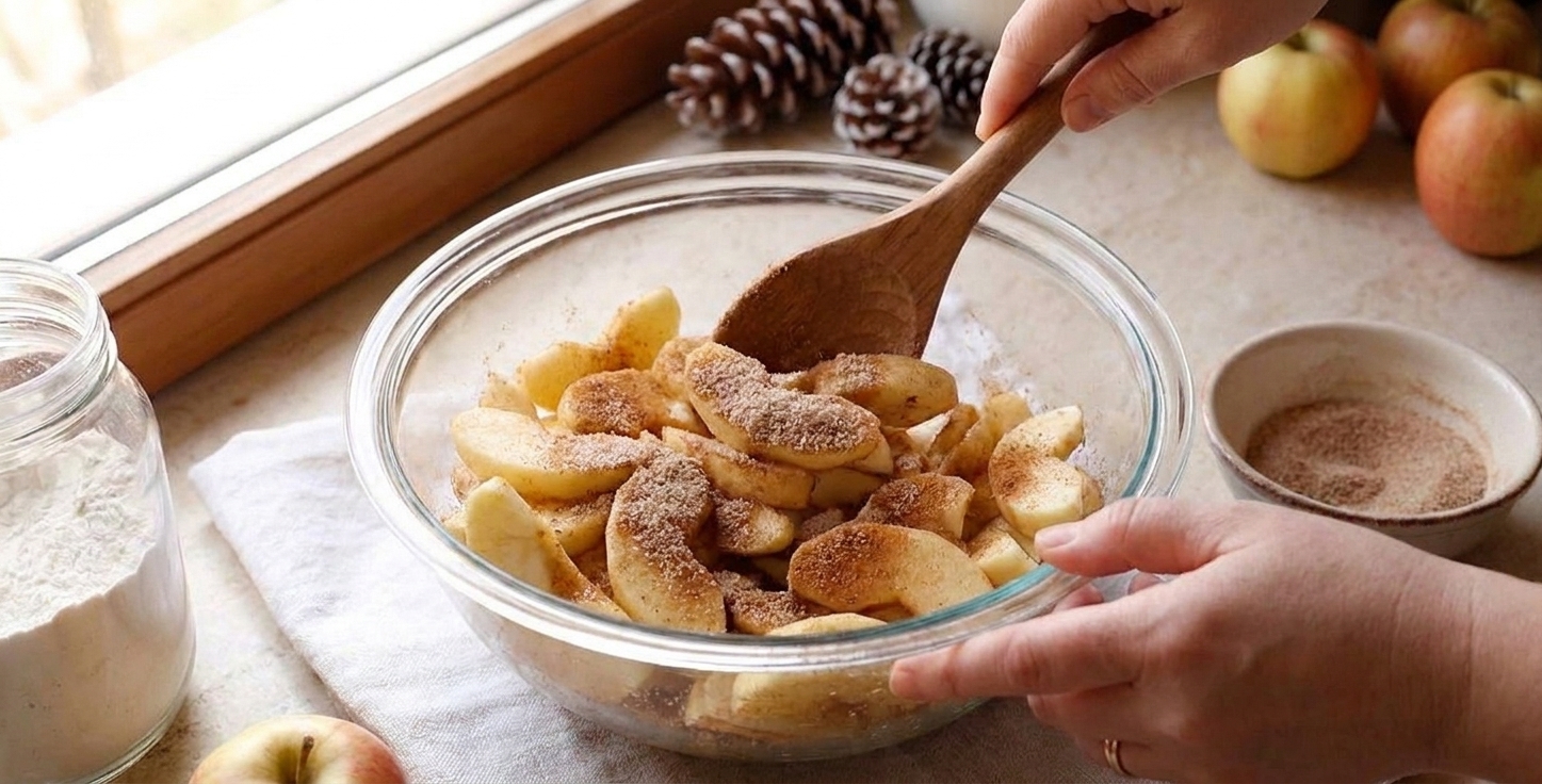 Sliced apples in a large mixing bowl being tossed with cinnamon and sugar on a neutral kitchen counter in natural light