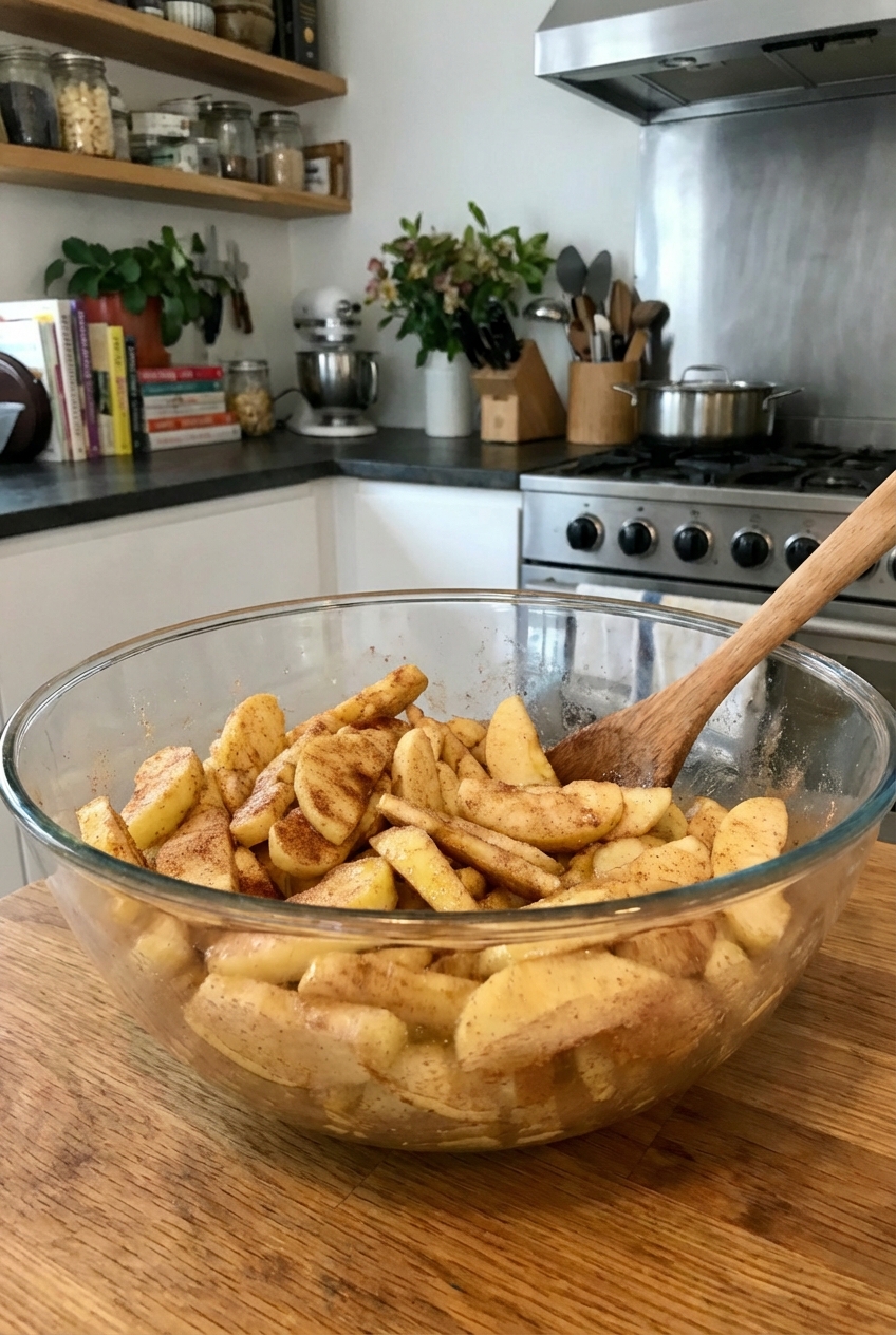Sliced apples in a mixing bowl tossed with cinnamon, sugar, and lemon juice on a kitchen counter
