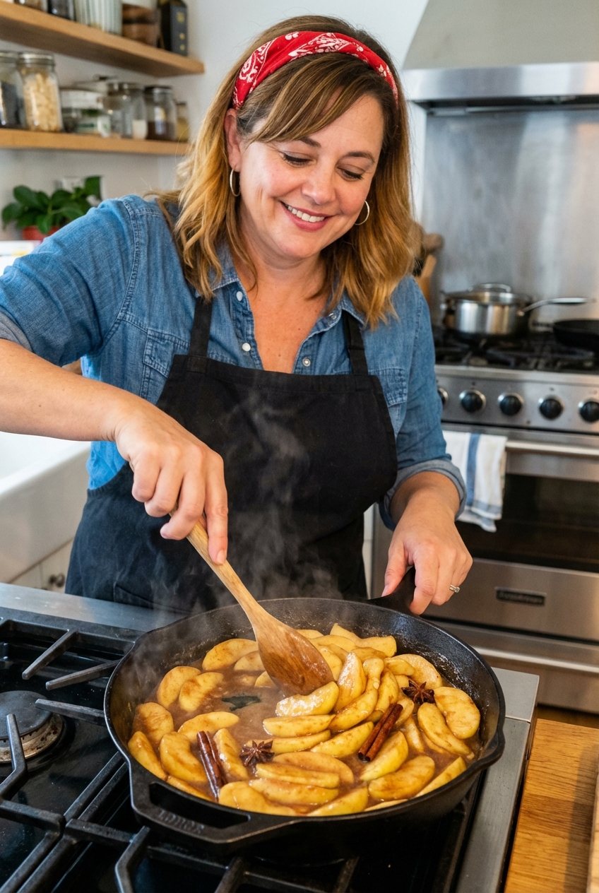 Sliced apples simmering in a skillet with cinnamon and butter