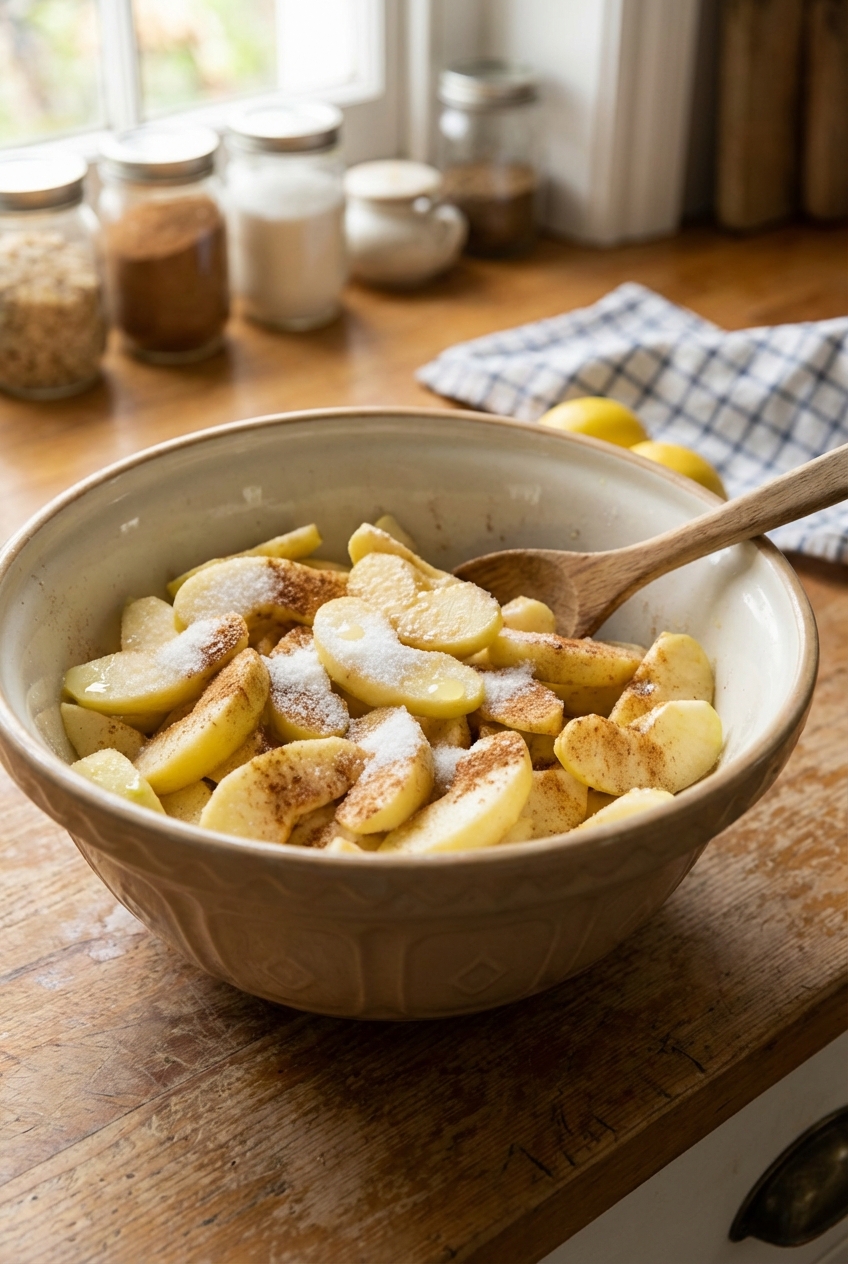 Sliced apples tossed with sugar, cinnamon, and lemon juice in a large mixing bowl on a wooden countertop