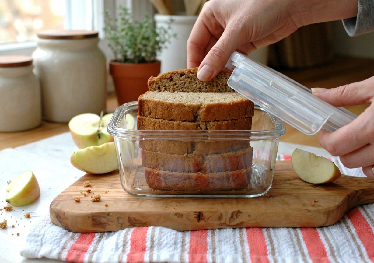 Sliced applesauce bread stacked in an airtight container on a kitchen counter