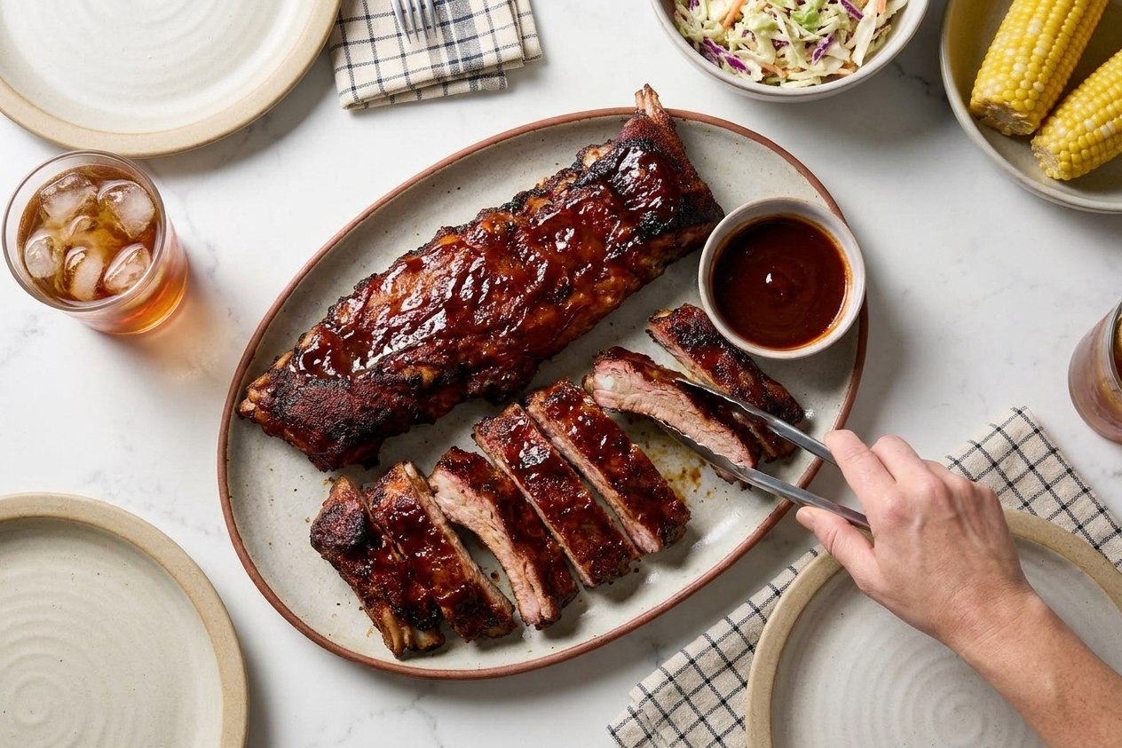 Sliced baby back ribs arranged on a serving platter with a small bowl of barbecue sauce and a casual family dinner table setting