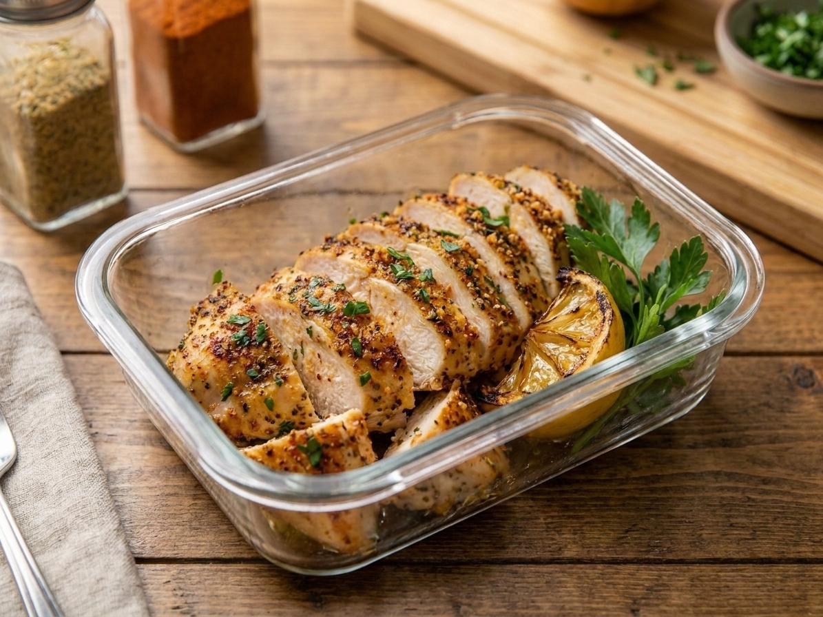 Sliced baked chicken tenderloins stored in a glass meal prep container with a lemon wedge and parsley, set on a kitchen counter