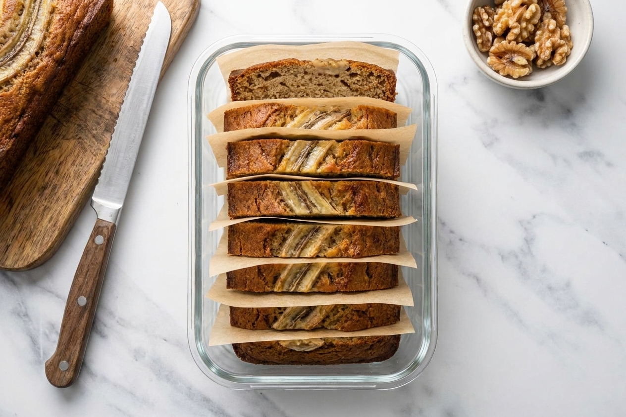 Sliced banana bread stacked in an airtight container with parchment paper between slices on a kitchen counter